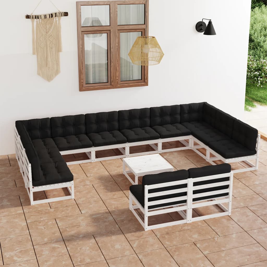 13-tlg. Garten-Lounge-Set mit Kissen Weiß Kiefer Massivholz