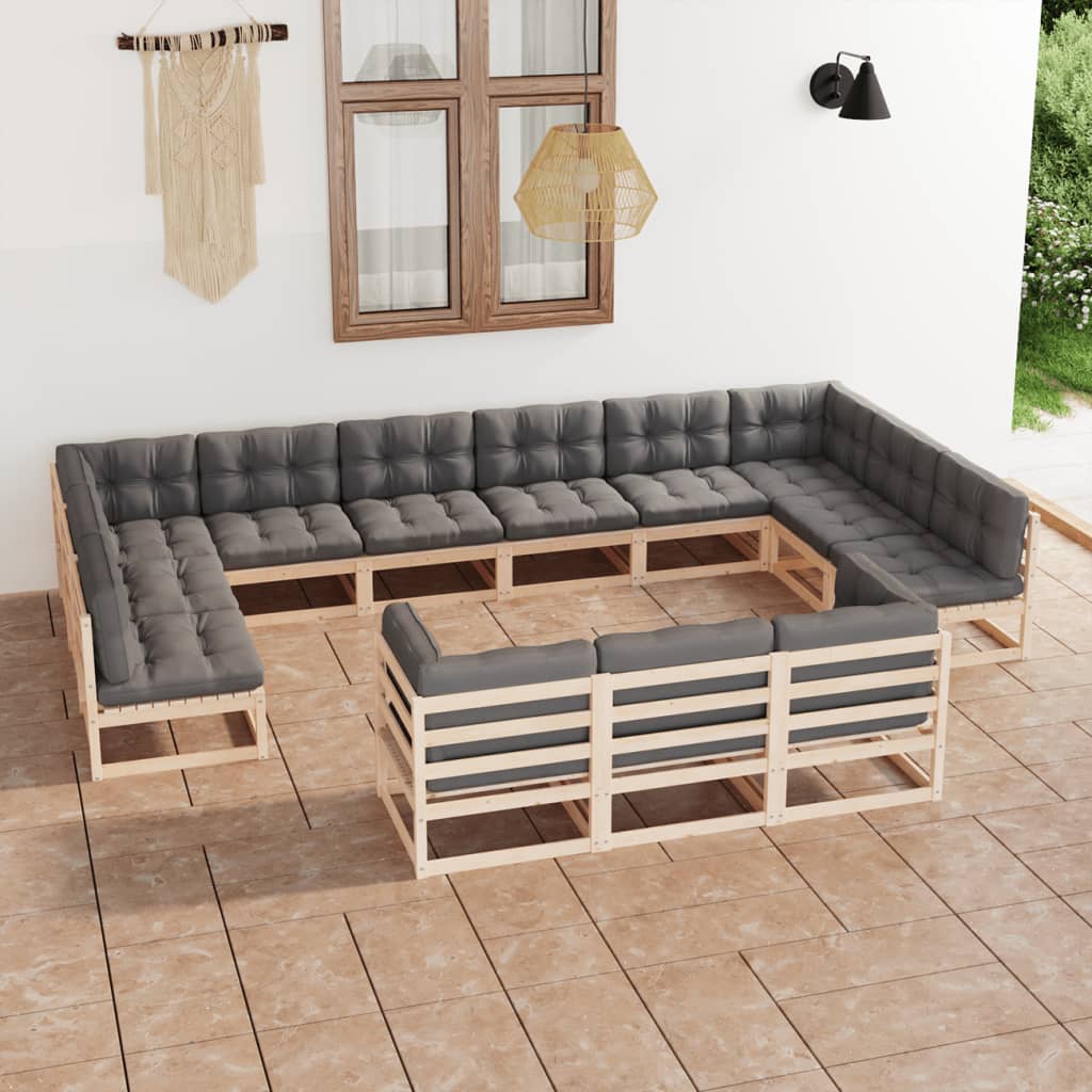 13-tlg. Garten-Lounge-Set mit Kissen Kiefer Massivholz