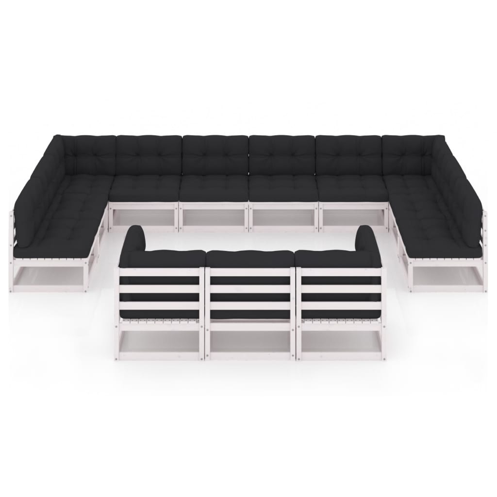 13-tlg. Garten-Lounge-Set mit Kissen Weiß Kiefer Massivholz