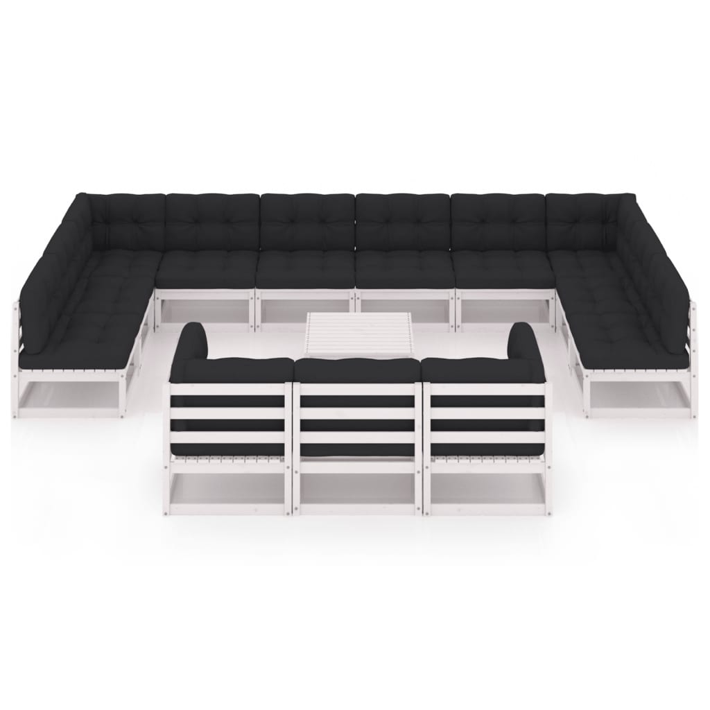 14-tlg. Garten-Lounge-Set mit Kissen Weiß Kiefer Massivholz