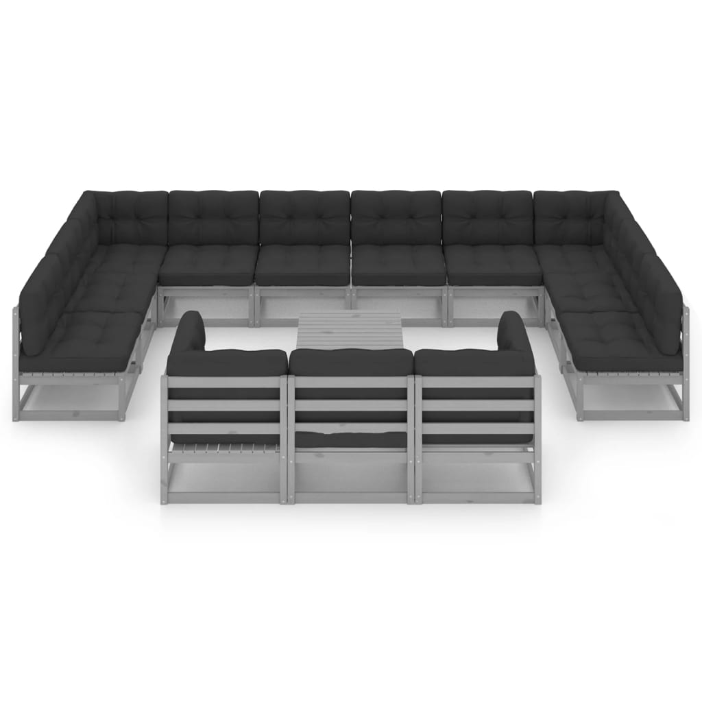 14-tlg. Garten-Lounge-Set mit Kissen Grau Kiefer Massivholz