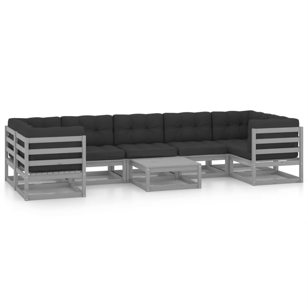 8-tlg. Garten-Lounge-Set mit Kissen Grau Kiefer Massivholz