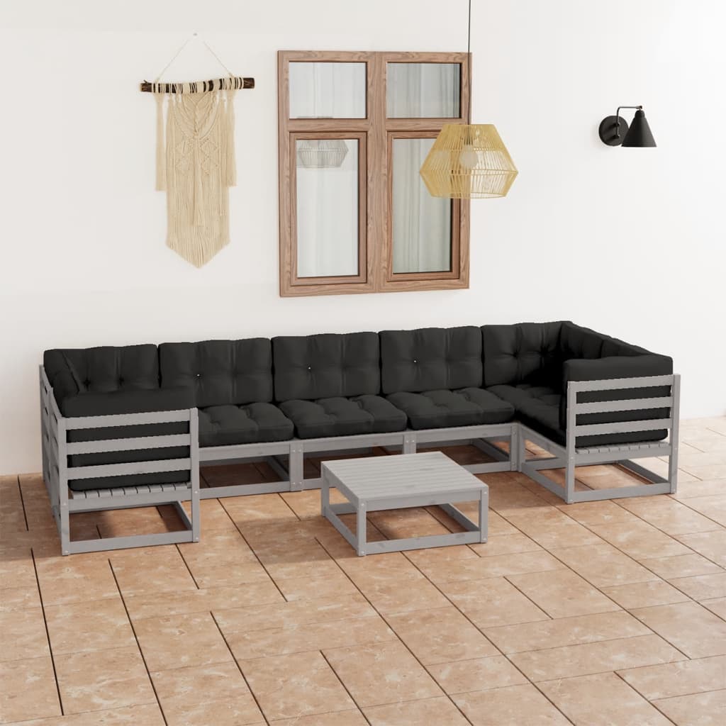 8-tlg. Garten-Lounge-Set mit Kissen Grau Kiefer Massivholz