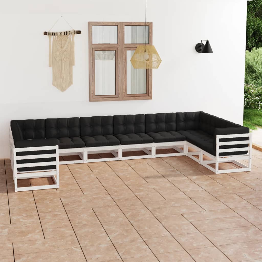 10-tlg. Garten-Lounge-Set mit Kissen Weiß Kiefer Massivholz