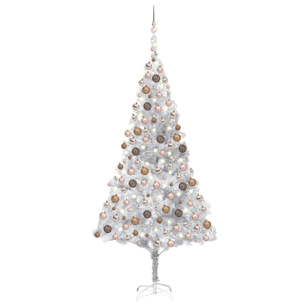 Künstlicher Weihnachtsbaum mit LEDs & Kugeln Silbern 240cm PET
