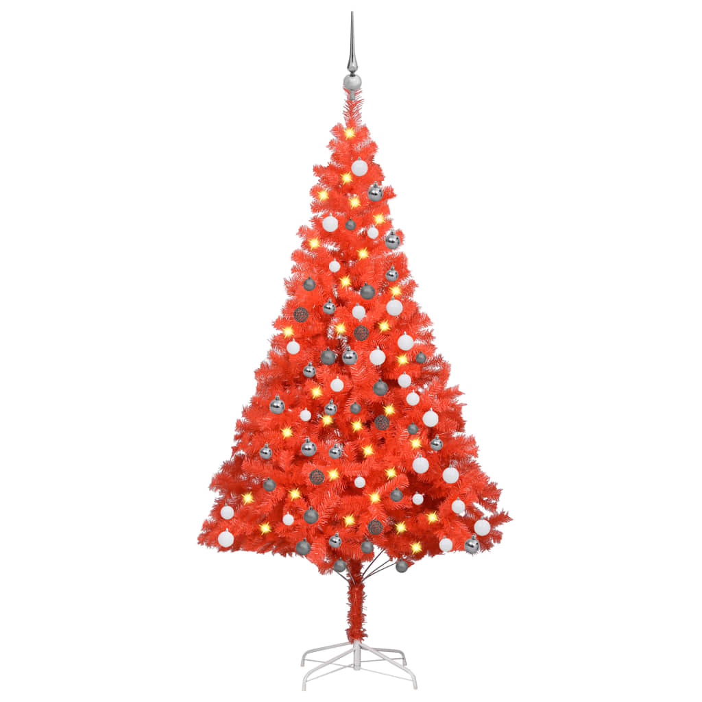 Künstlicher Weihnachtsbaum mit LEDs & Kugeln Rot 180 cm PVC