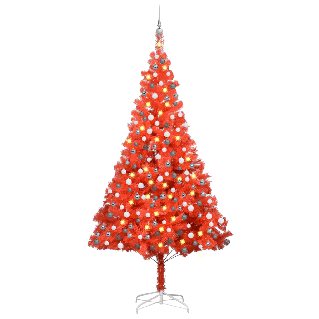 Künstlicher Weihnachtsbaum mit LEDs & Kugeln Rot 240cm PVC