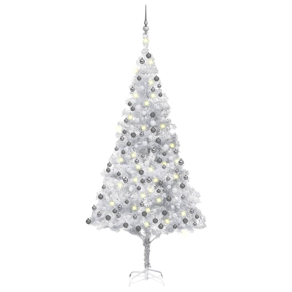 Künstlicher Weihnachtsbaum mit LEDs & Kugeln Silbern 210cm PET