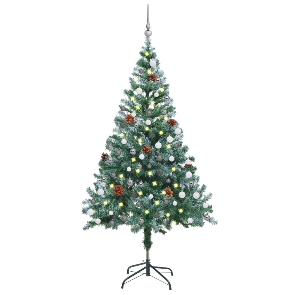 Weihnachtsbaum Gefrostet mit LEDs Kugeln Zapfen Set 150 cm