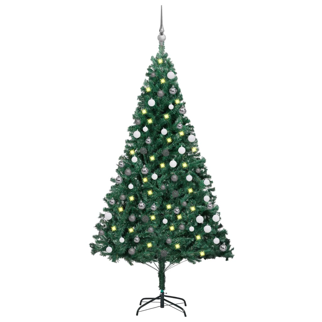 Künstlicher Weihnachtsbaum mit LEDs & Kugeln Grün 150 cm PVC