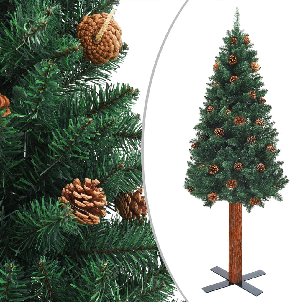 Weihnachtsbaum Schmal mit LEDs & Echtholz & Zapfen Grün 180 cm