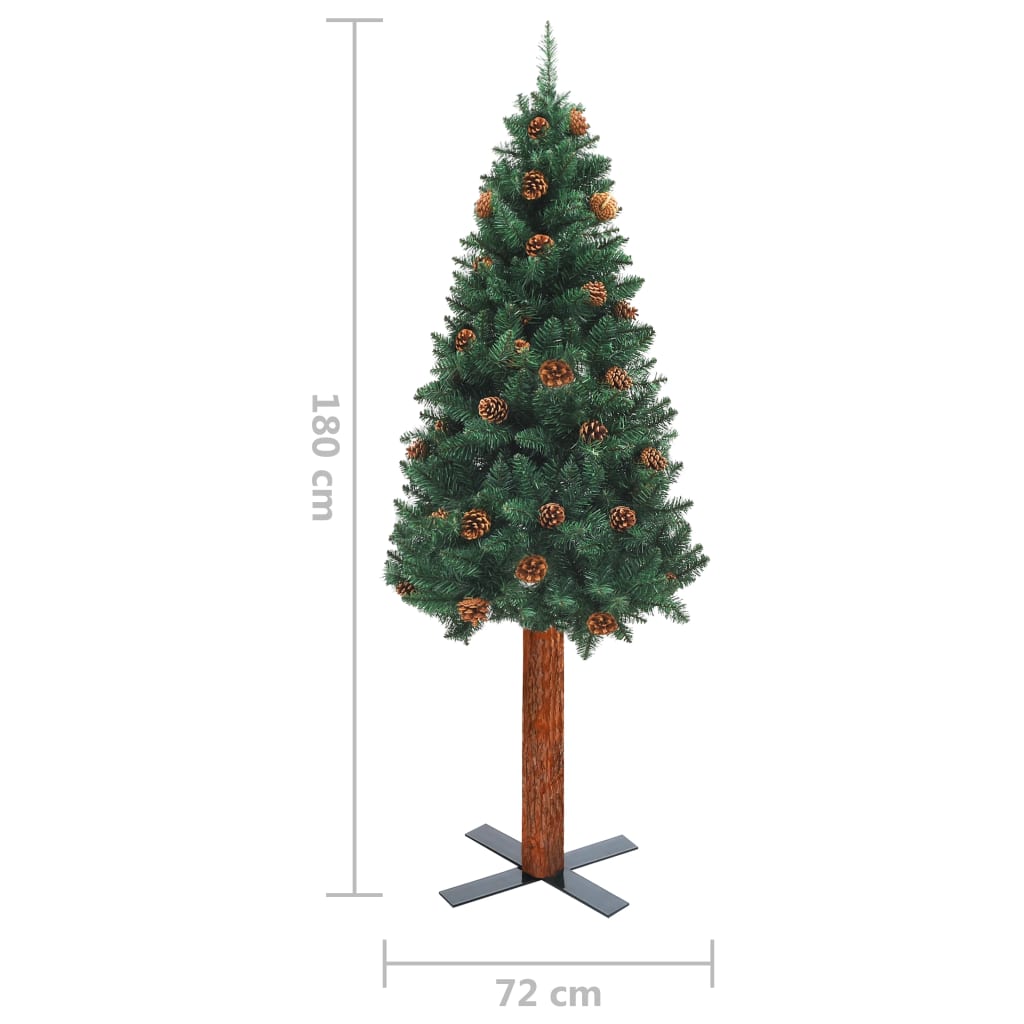 Weihnachtsbaum Schmal mit LEDs & Echtholz & Zapfen Grün 180 cm