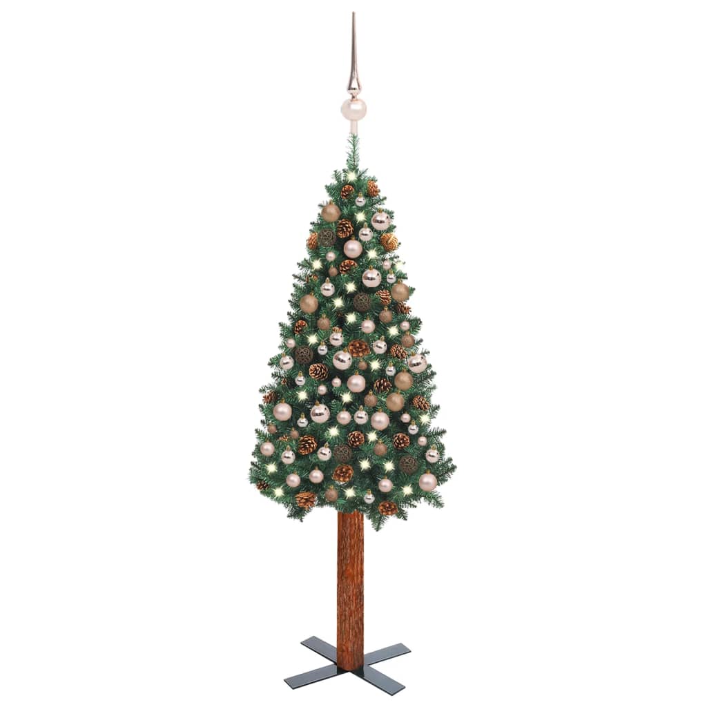 Weihnachtsbaum Schlank mit LEDs & Kugeln Grün 210 cm PVC