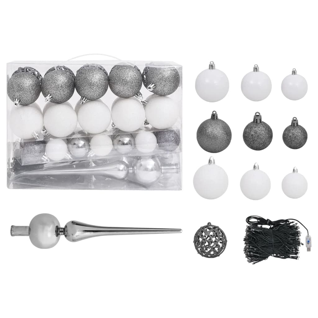 Künstlicher Weihnachtsbaum Schnee LEDs & Kugeln 150 cm PVC & PE