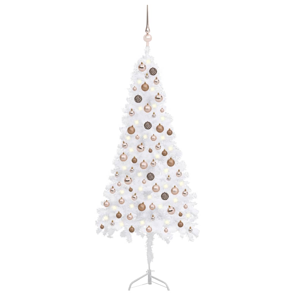 Künstlicher Eck-Weihnachtsbaum LEDs & Kugeln Weiß 150 cm PVC