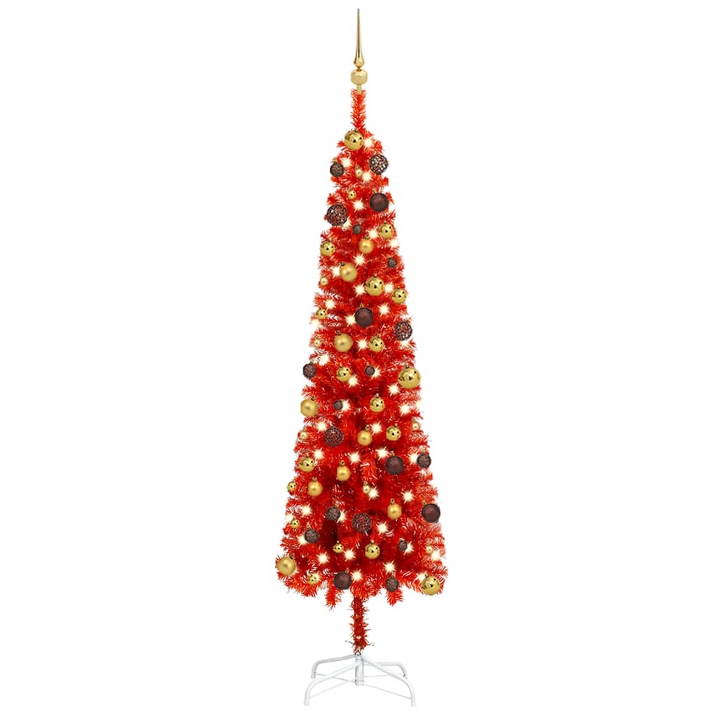 Weihnachtsbaum Schlank mit LEDs & Kugeln Rot 210 cm