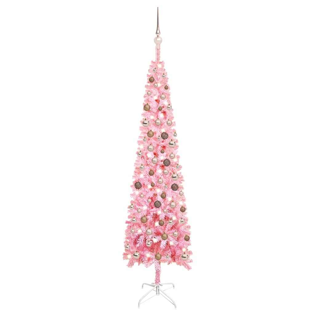 Schlanker Weihnachtsbaum mit LEDs & Kugeln Rosa 210 cm