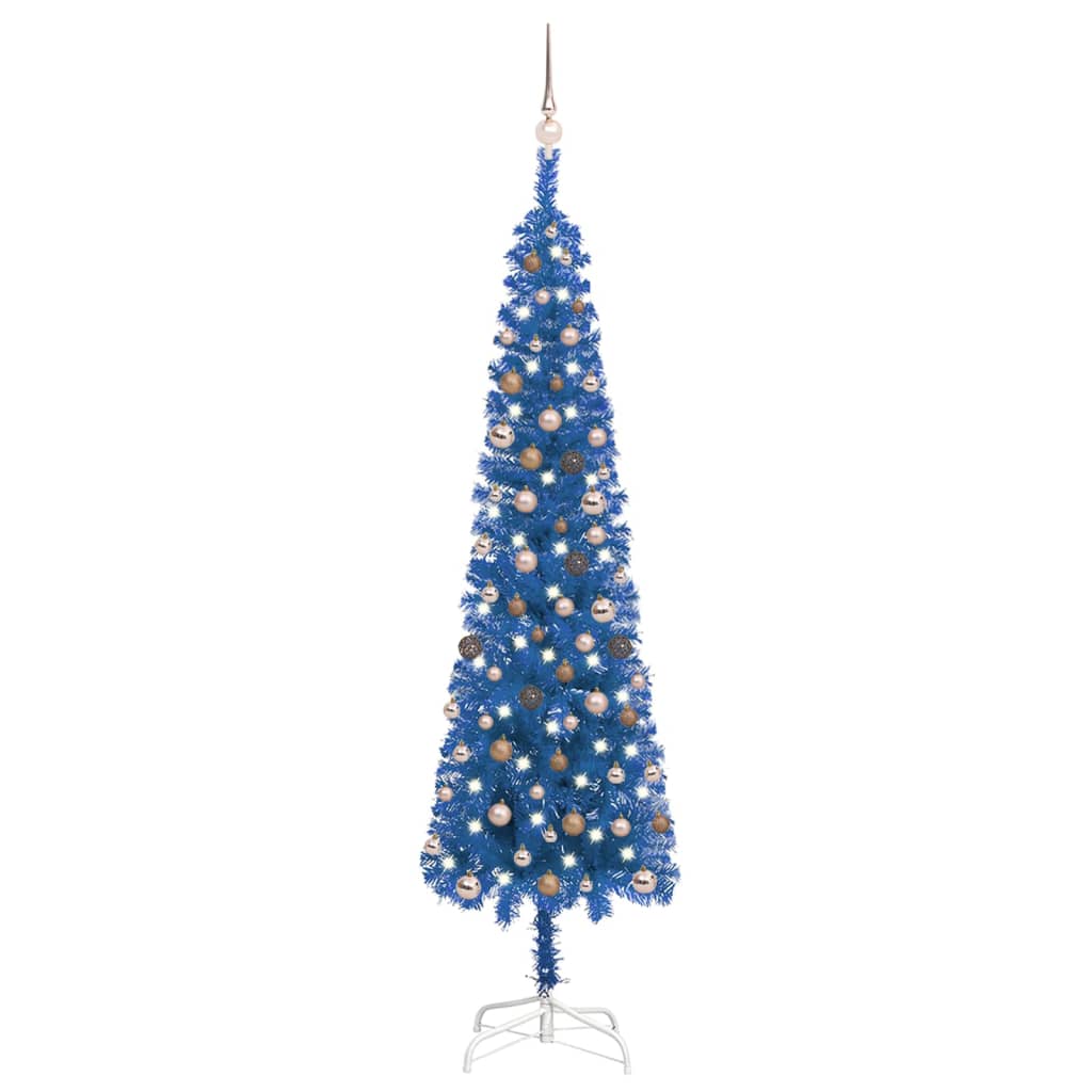 Schlanker Weihnachtsbaum mit LEDs & Kugeln Blau 240 cm