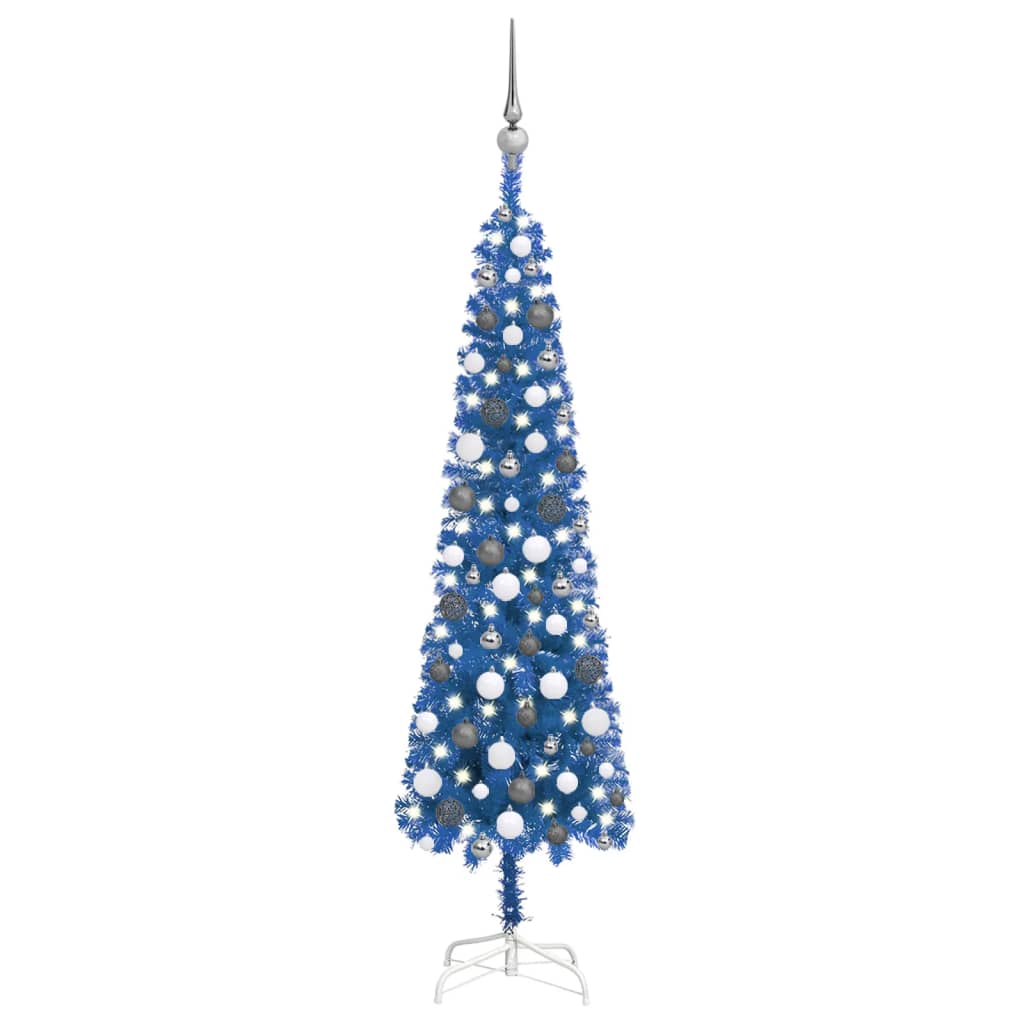 Schlanker Weihnachtsbaum mit LEDs & Kugeln Blau 150 cm