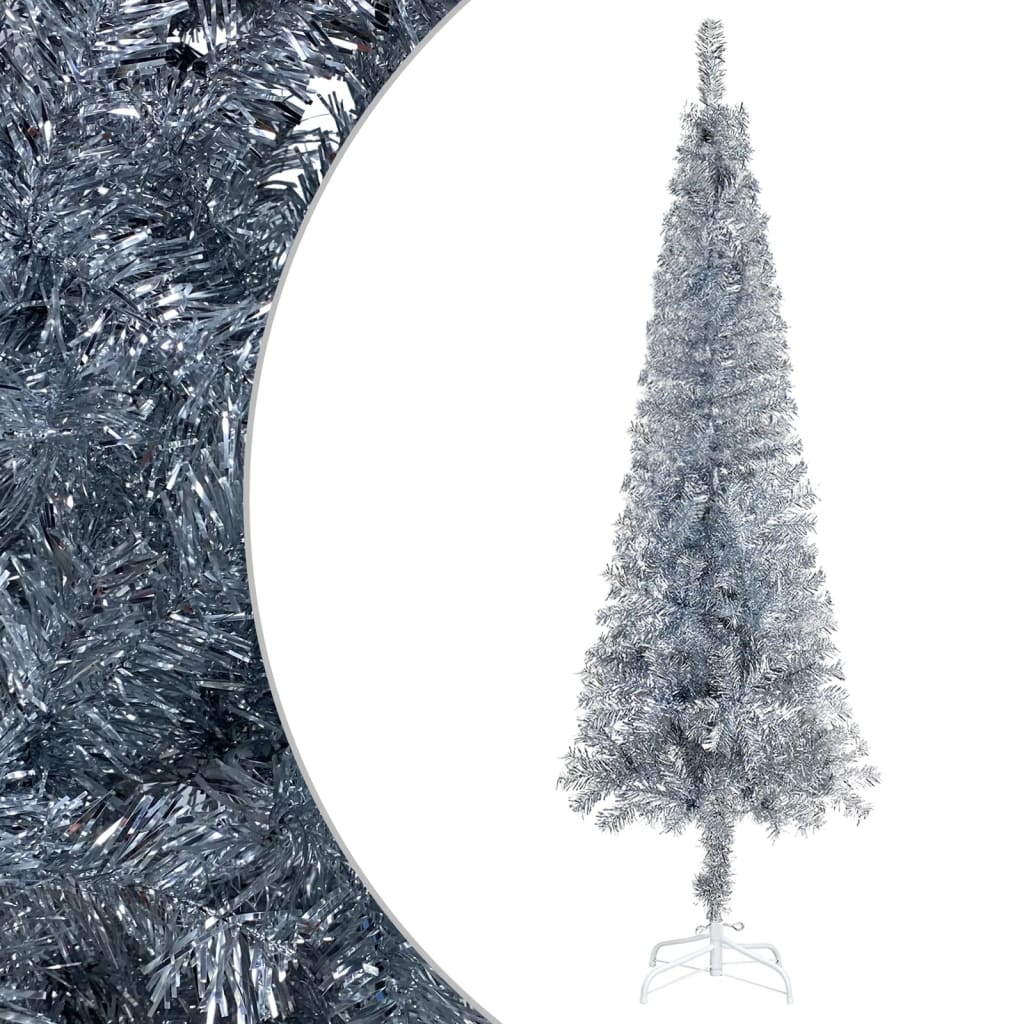 Schlanker Weihnachtsbaum mit LEDs & Kugeln Silbern 150 cm