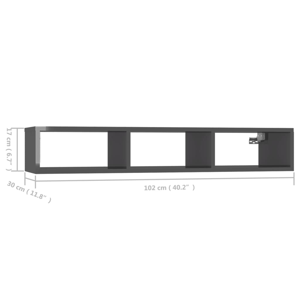 Wandregal Hochglanz-Grau 102x30x17 cm Holzwerkstoff