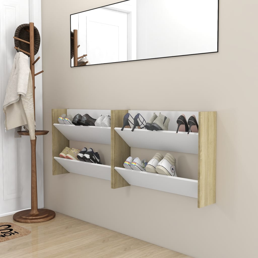 Wand-Schuhschränke 2 Stk. Weiß Sonoma-Eiche 80x18x60 cm