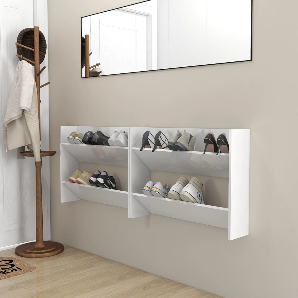 Wand-Schuhschränke 2 Stk. Hochglanz-Weiß 80x18x60 cm Spanplatte