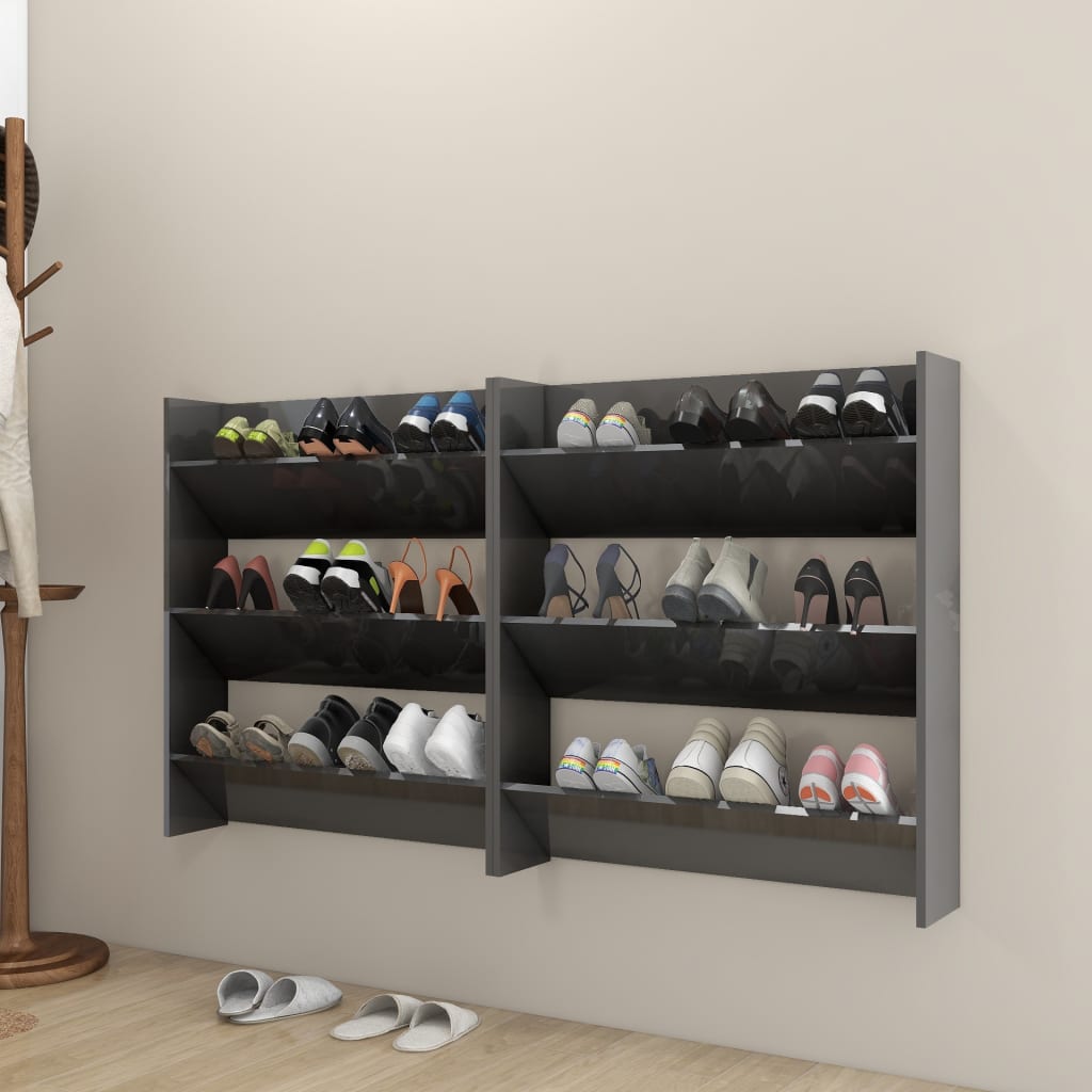 Wand-Schuhschränke 2 Stk. Hochglanz-Grau 80x18x90 cm Spanplatte