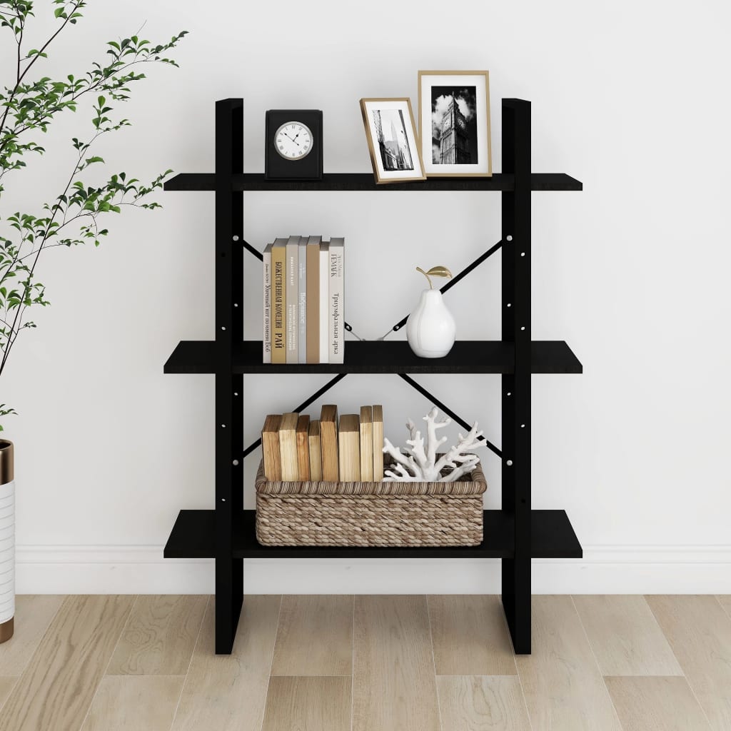 Bücherregal 3 Fächer Schwarz 80x30x105 cm Massivholz Kiefer