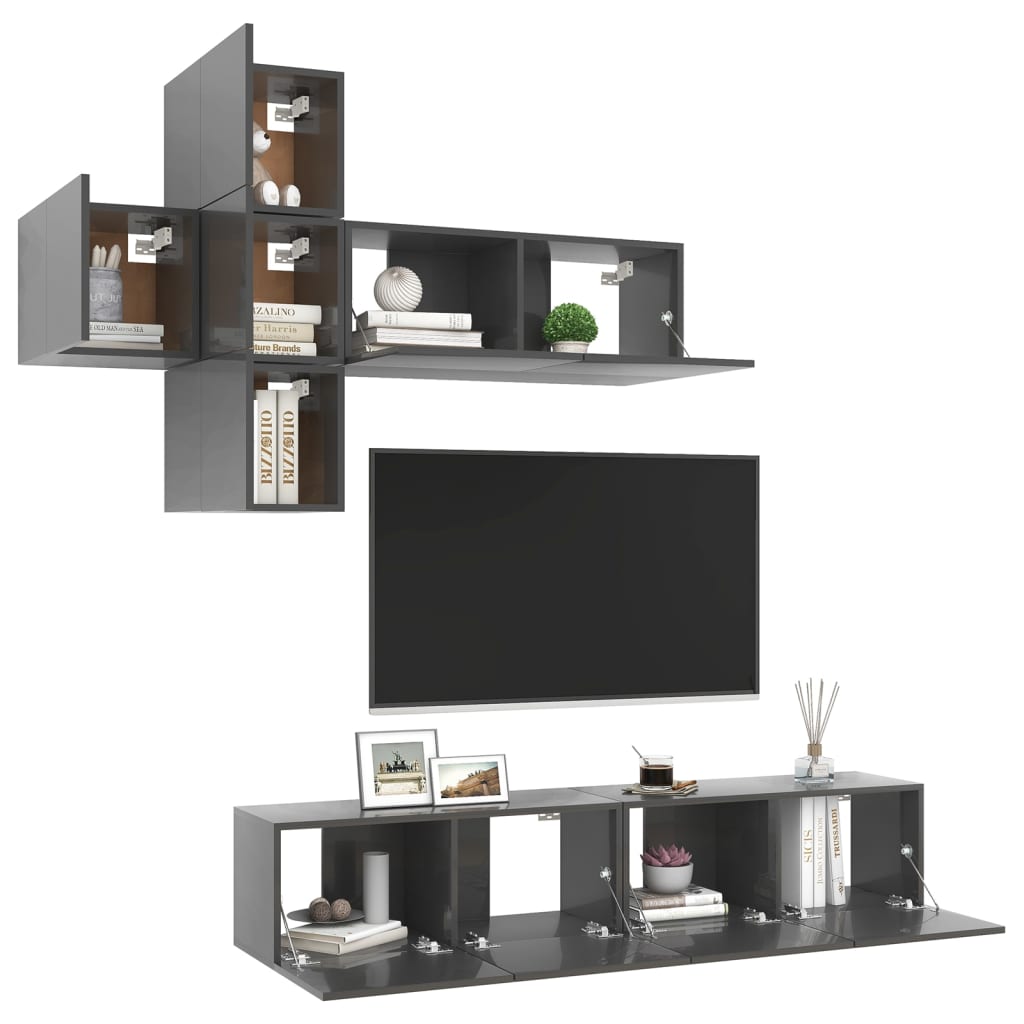 7-tlg. TV-Schrank-Set Hochglanz-Grau Holzwerkstoff