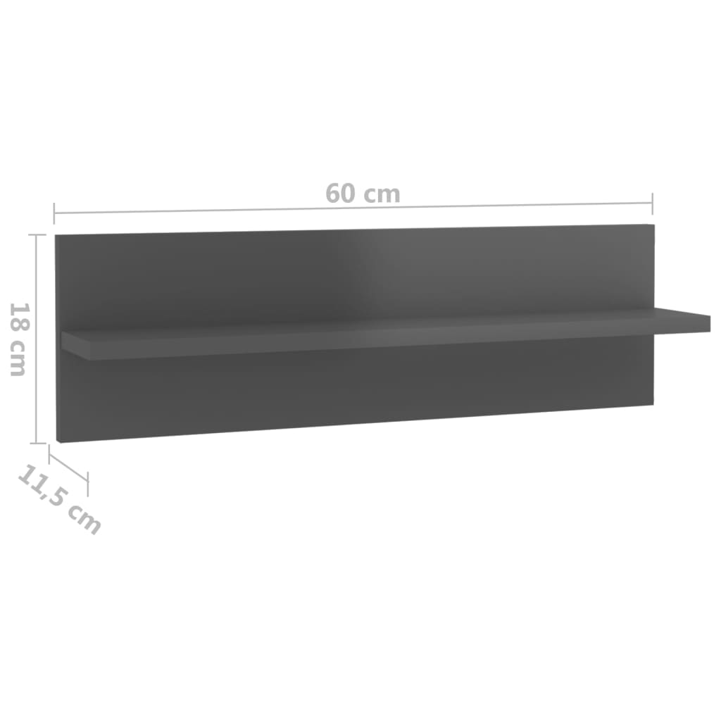 Wandregale 2 Stk. Hochglanz-Grau 60x11,5x18 cm Spanplatte