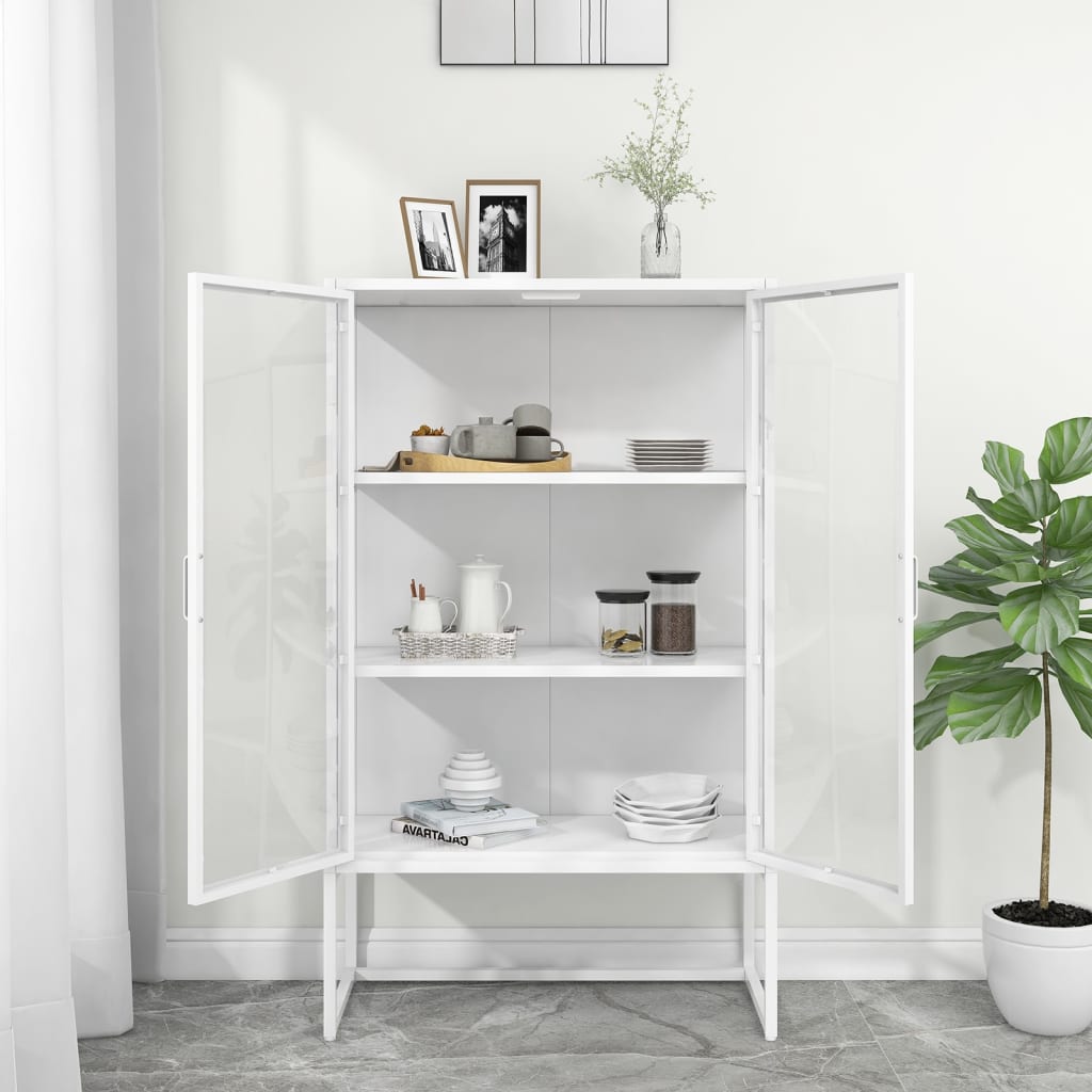 Highboard Weiß 80x35x135 cm Stahl und Gehärtetes Glas
