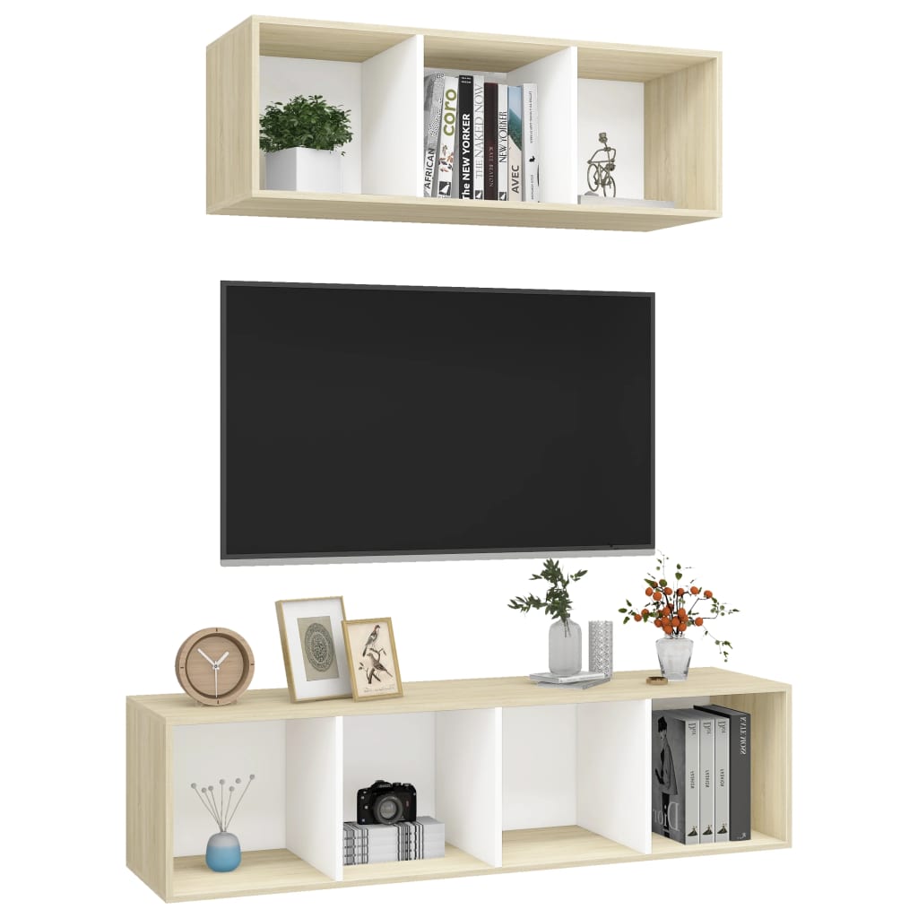 2-tlg. TV-Schrank-Set Weiß Sonoma-Eiche Spanplatte