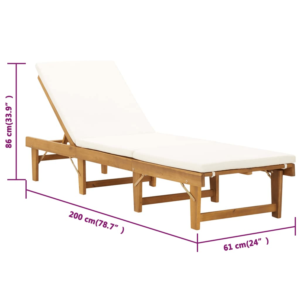 Sonnenliege Klappbar mit Auflage Massivholz Akazie Cremeweiß