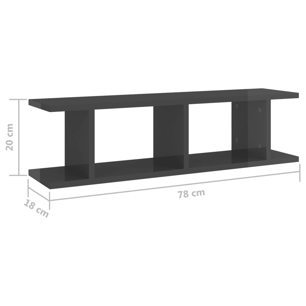 Wandregale 2 Stk. Hochglanz-Grau 78x18x20 cm Holzwerkstoff