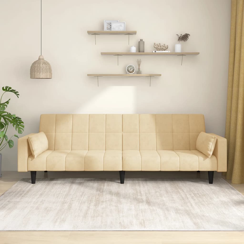 Schlafsofa 2-Sitzer mit 2 Kissen Creme Samt