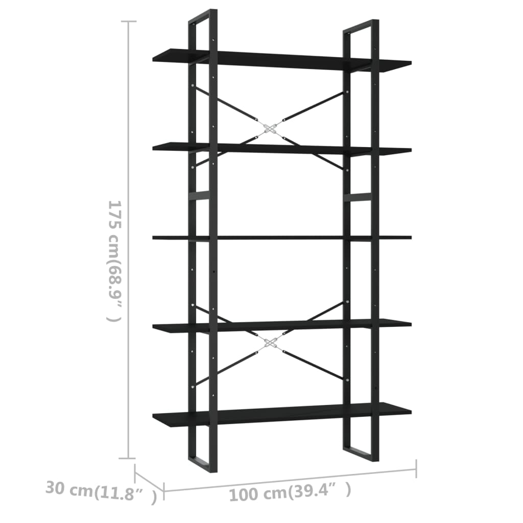 Bücherregal 5 Fächer Schwarz 100x30x175 cm Spanplatte