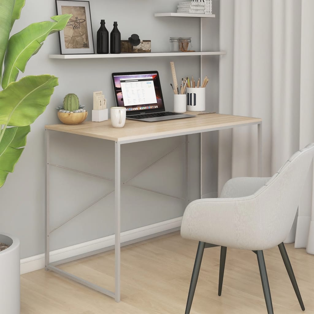 Computertisch Weiß und Eiche-Optik 110x60x70 cm Spanplatte