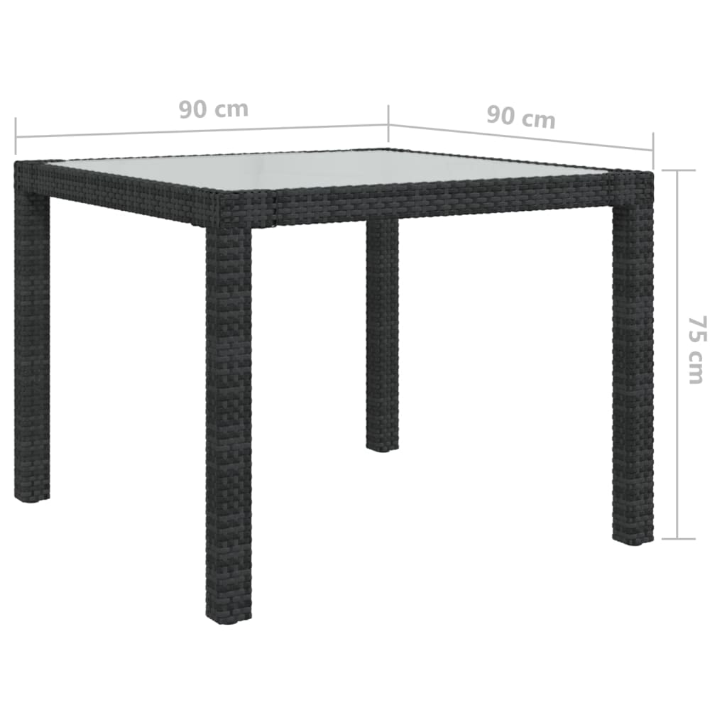 Gartentisch 90x90x75 cm Gehärtetes Glas Poly Rattan Schwarz