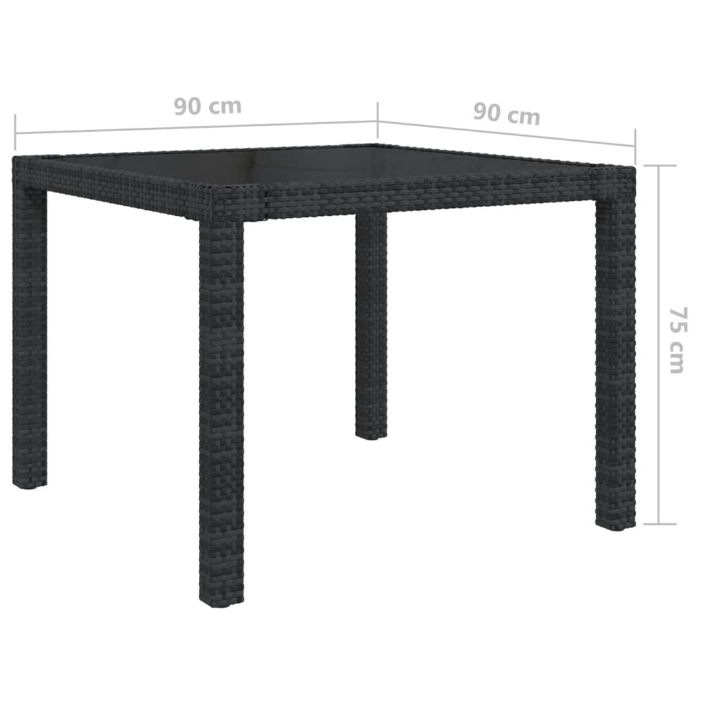 Gartentisch 90x90x75 cm Gehärtetes Glas Poly Rattan Schwarz