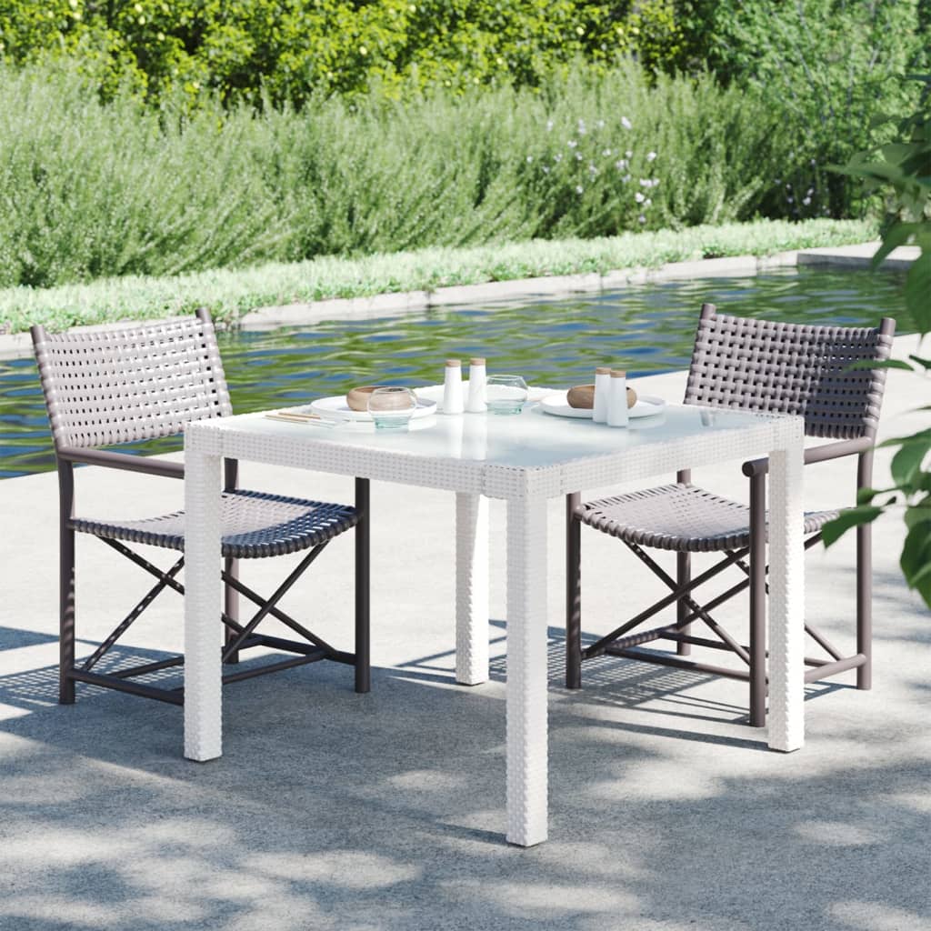 Gartentisch 90x90x75 cm Gehärtetes Glas Poly Rattan Weiß