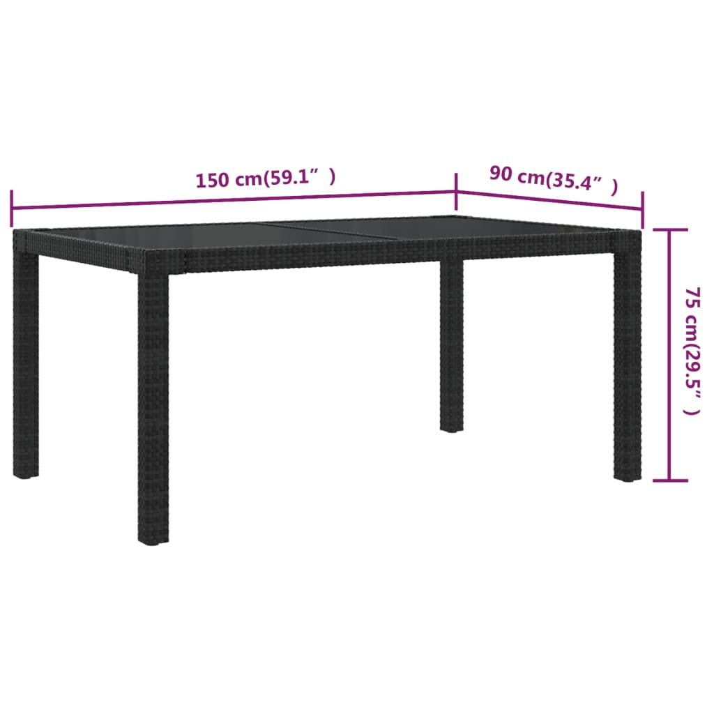 Gartentisch 150x90x75 cm Gehärtetes Glas Poly Rattan Schwarz