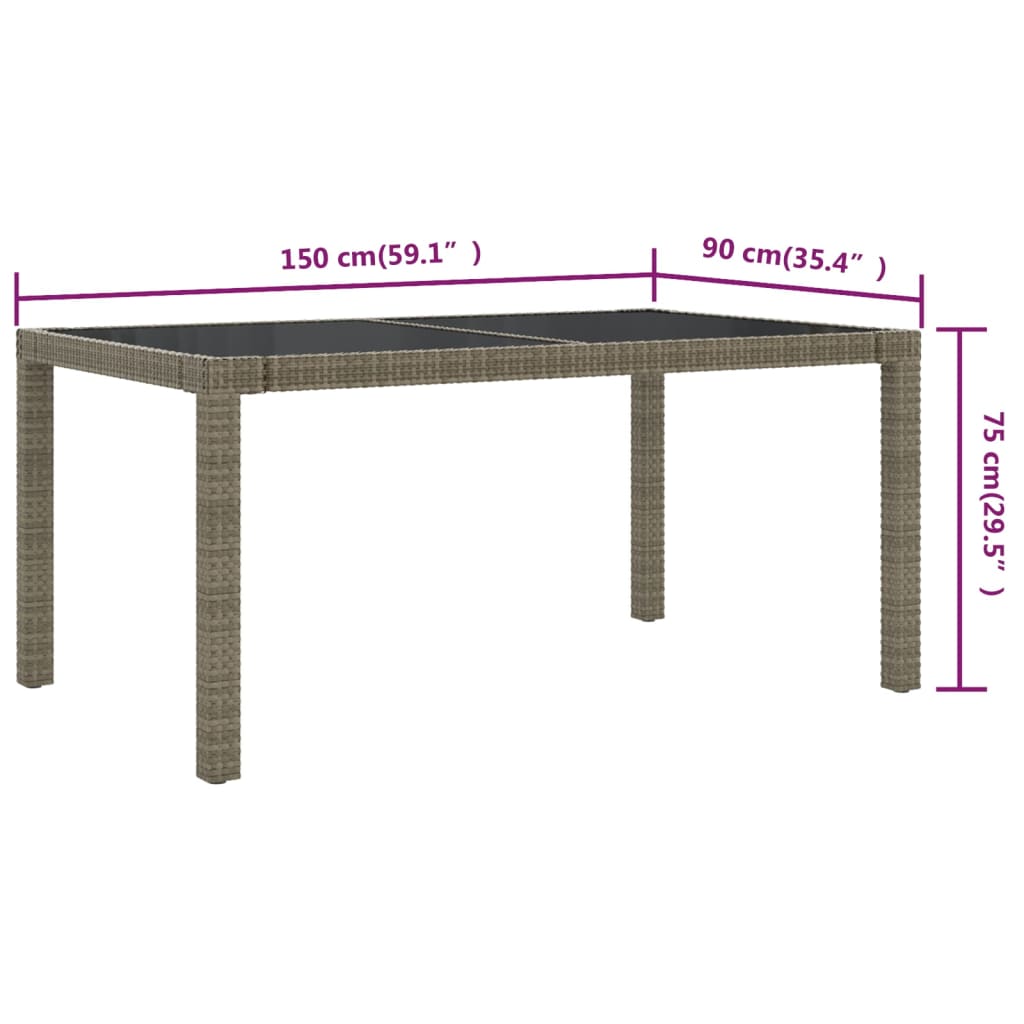 Gartentisch 150x90x75 cm Hartglas und Poly Rattan Grau
