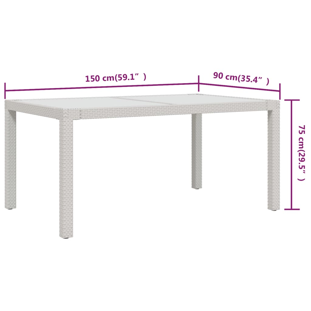 Gartentisch 150x90x75 cm Gehärtetes Glas Poly Rattan Weiß