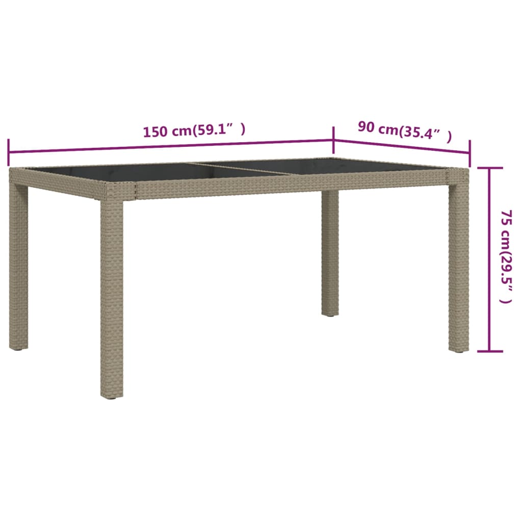 Gartentisch 150x90x75 cm Gehärtetes Glas Poly Rattan Beige