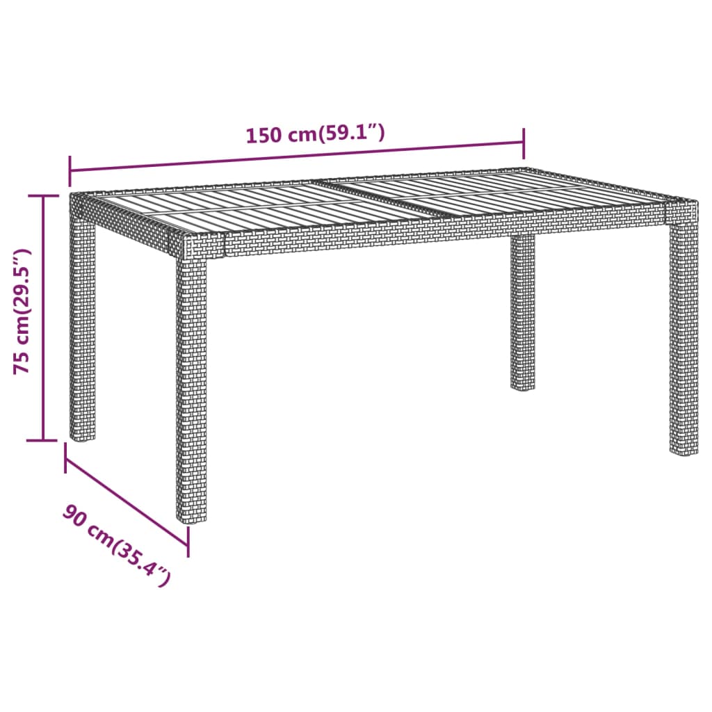 Gartentisch 150x90x75 cm Poly Rattan und Akazienholz Grau