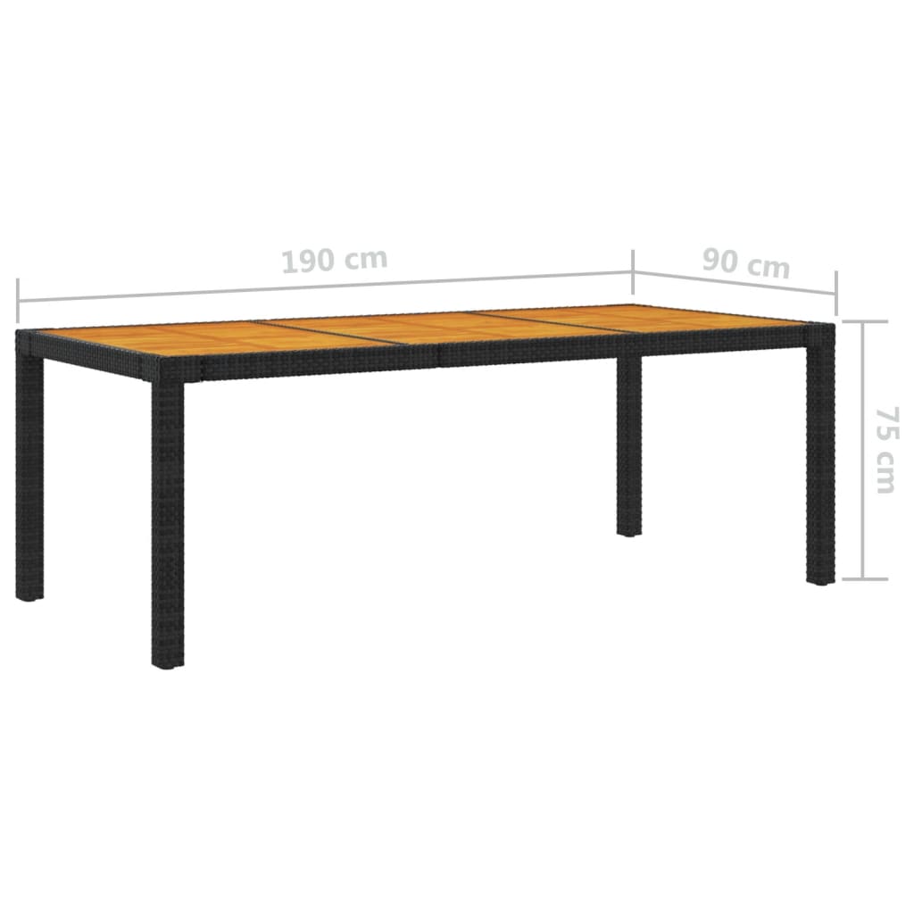 Gartentisch 190x90x75 cm Poly Rattan und Akazienholz Schwarz