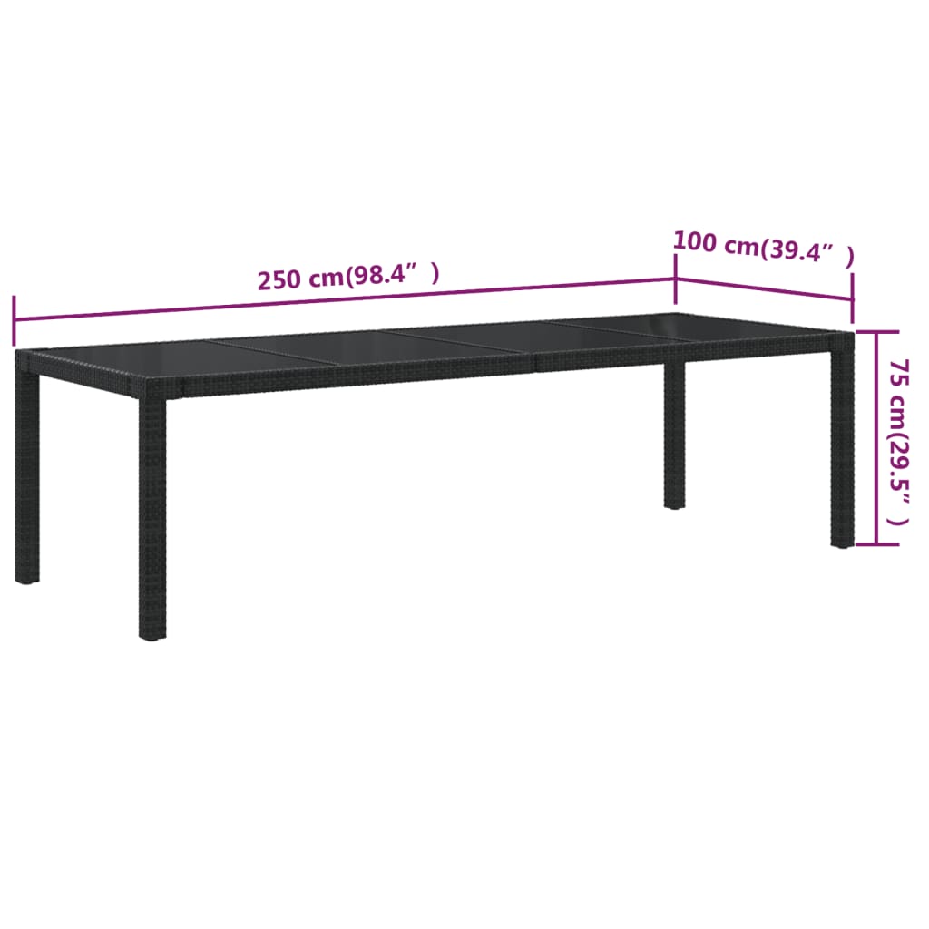 Gartentisch Schwarz 250x100x75 cm Gehärtetes Glas Poly Rattan