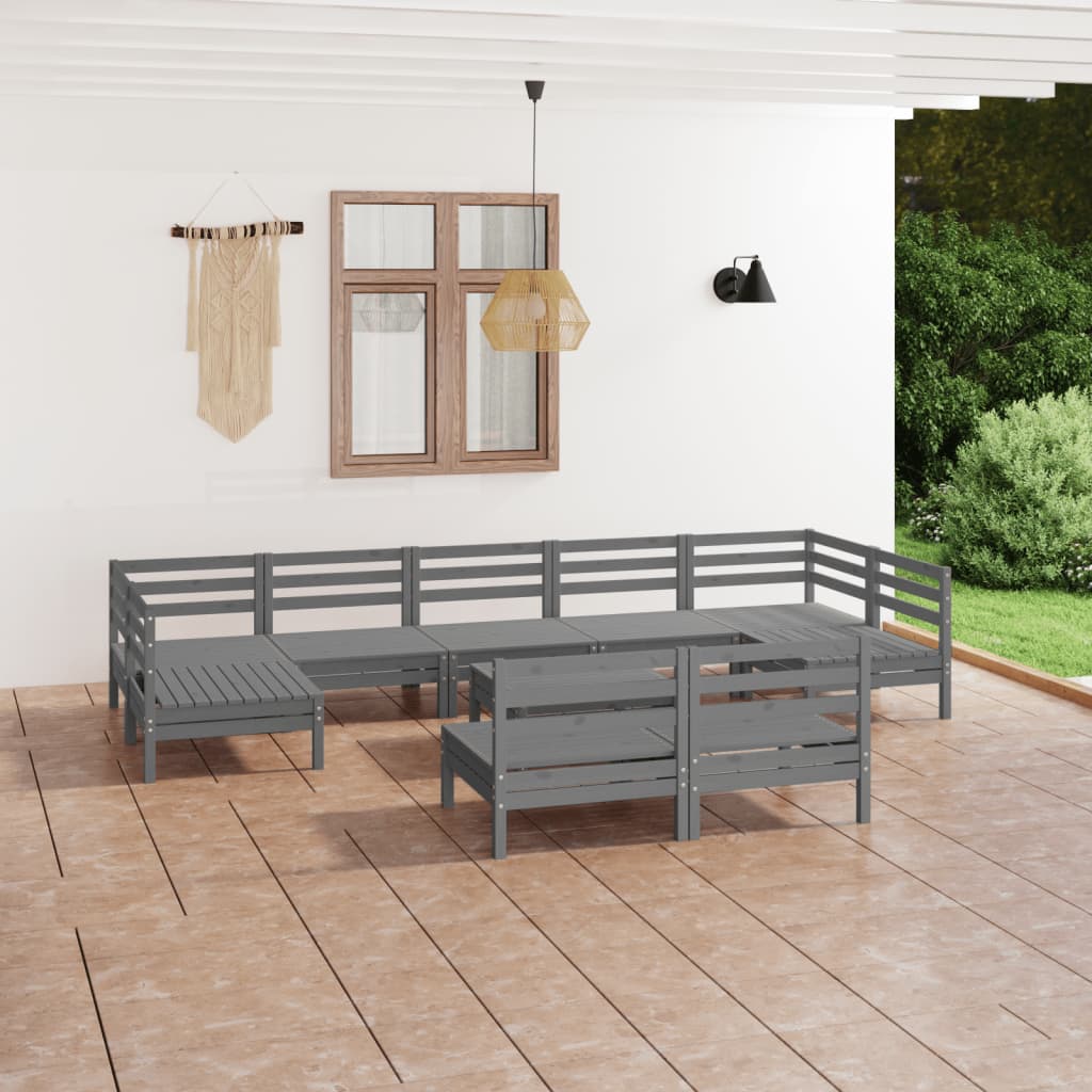 10-tlg. Garten-Lounge-Set Grau Massivholz Kiefer