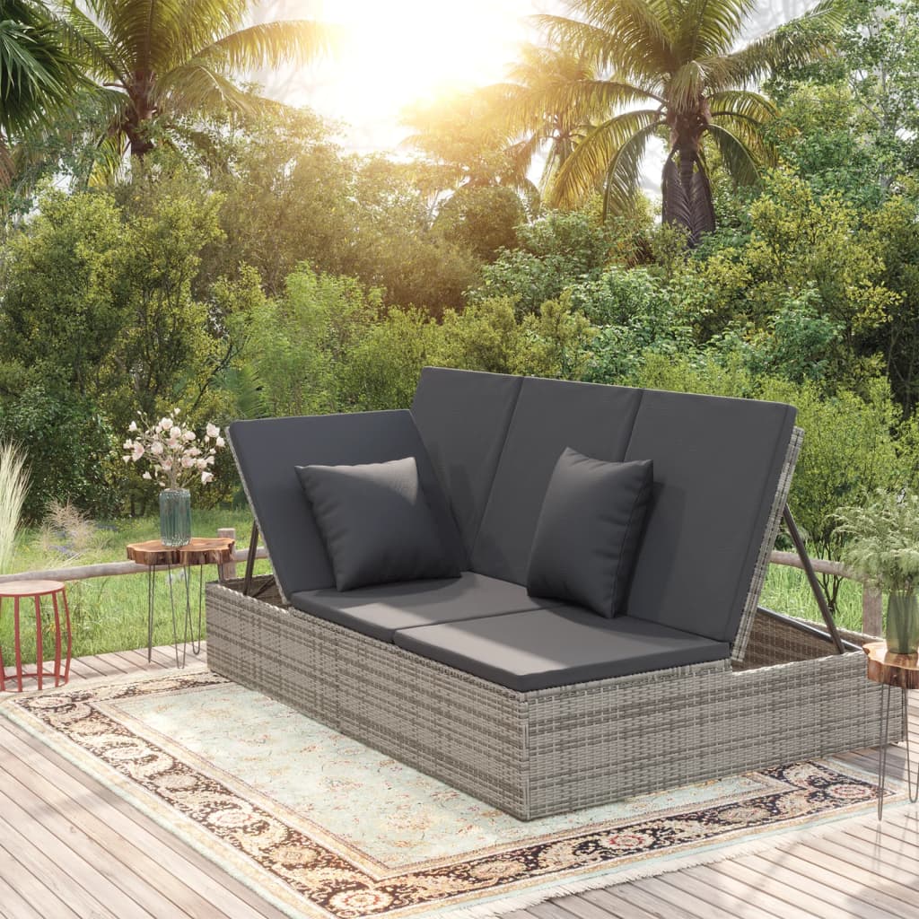 Sonnenliege und Gartensofa mit Kissen Poly Rattan Dunkelgrau